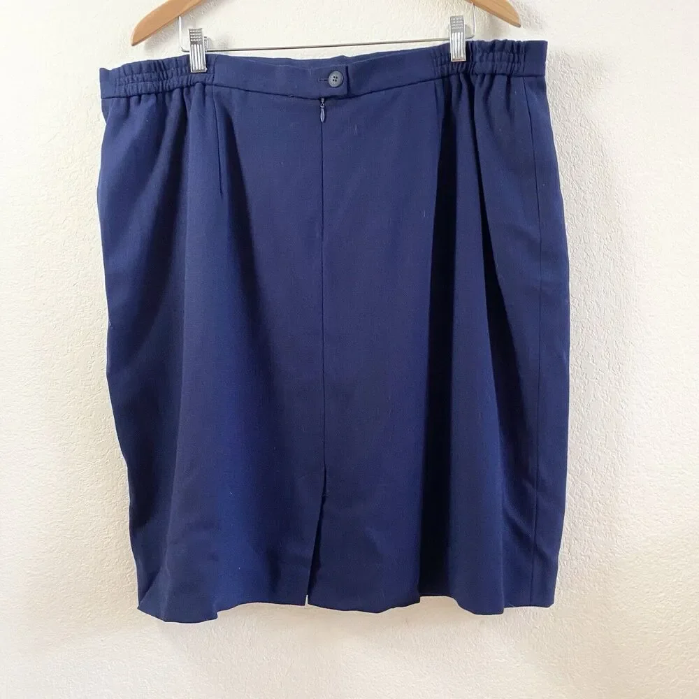 Vintage Jones New York Pencil Skirt 24W Navy Blue Wool Pleated Lined‎ Zipper